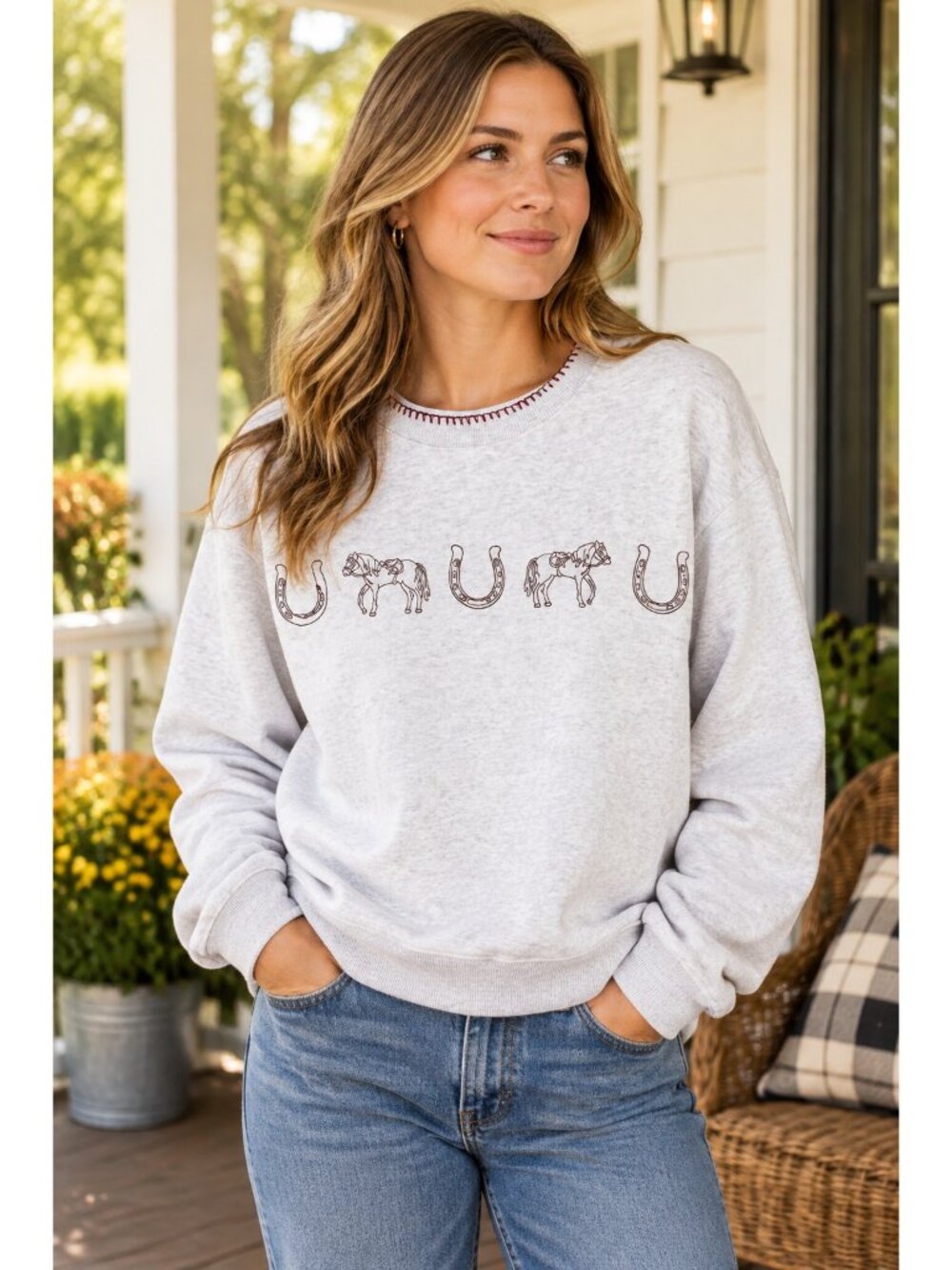 Equestrian Horseshoe Western Cowgirl Sweatshirt Long Sleeve Southern Pullover